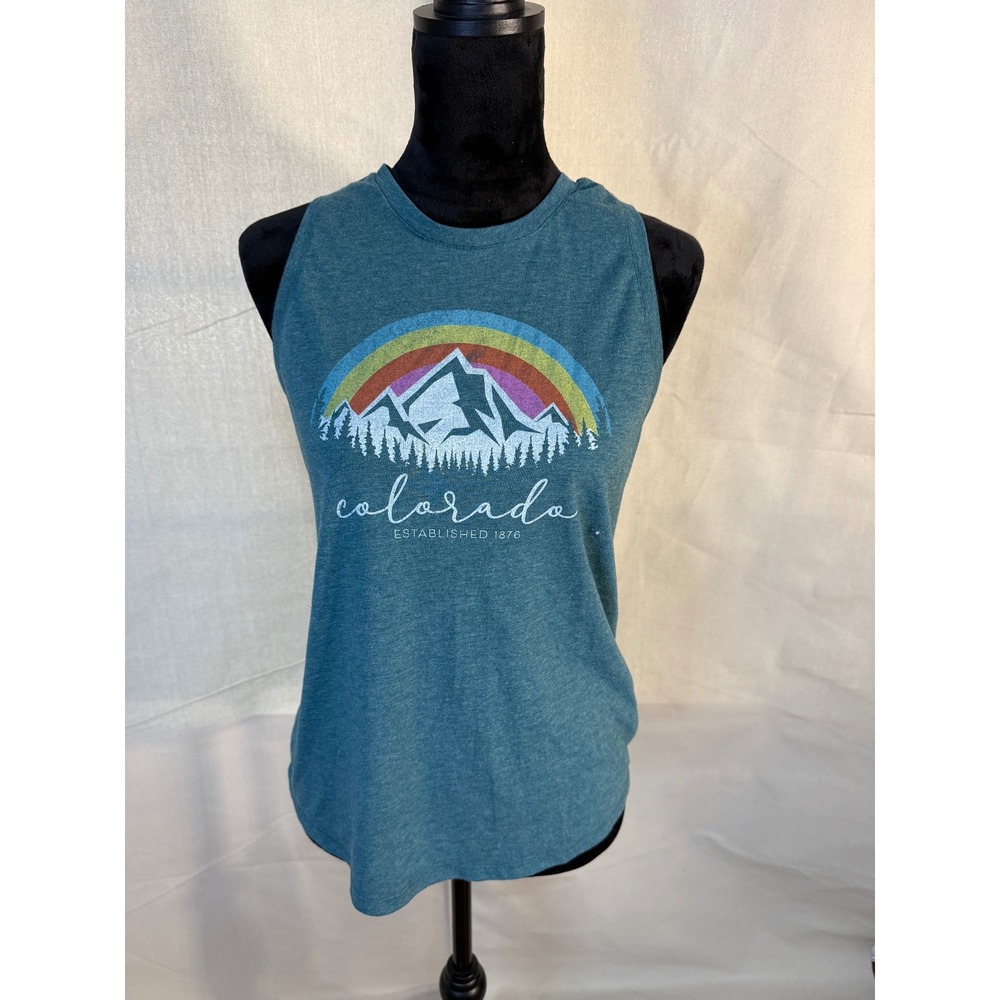 Home Free Colorado Rainbow Mountain Graphic Muscle Tank Top Teal Blue Womens M